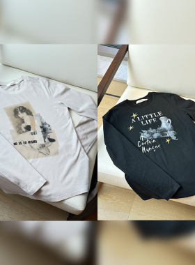 TRACYCHU米色油画女郎基础百搭/黑色经典修身型长袖T恤衫春季新款
