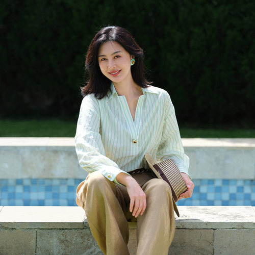 TRACYCHU绿色蚕丝棉衬衫夏季款