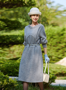 TRACY CHU 1960年代赫本风灰色花盆领弹力混羊毛好莱坞明星连衣裙