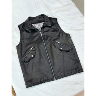 气质春夏新款 TRACYCHU山羊皮黑色超酷歌特风长马甲时尚 休闲百搭款