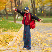 新品 老钱风松弛感冬季 百搭款 TRACYCHU复古普鲁士蓝樱桃刺绣牛仔裤