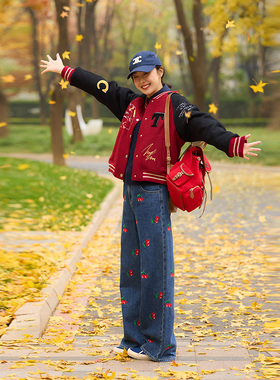 TRACYCHU复古普鲁士蓝樱桃刺绣牛仔裤百搭款老钱风松弛感冬季新品