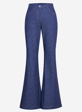 TRACYCHU【现货】蓝色条纹复古女士时尚百搭修身大喇叭牛仔休闲长