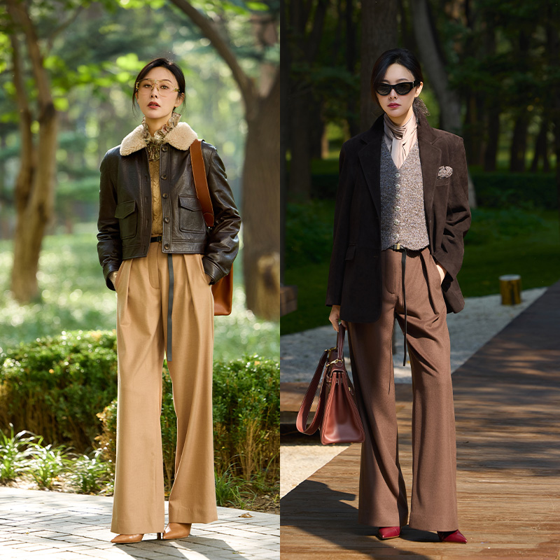 驼绒混蚕丝羊毛休闲皮带裤