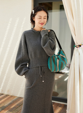 TRACYCHU老钱lp原绒cashmere灰色极简时尚麻花领山羊绒衫冬季新款