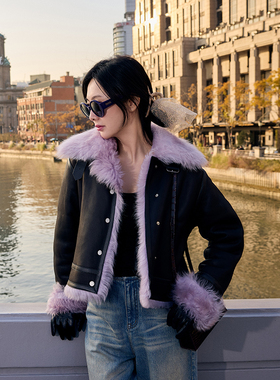 TRACYCHU意大利长毛托卡芍药粉拼紫绝美拼色双面飞行员夹克冬季款