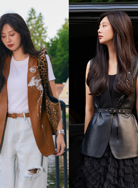 TRACY CHU高定手工刺绣黑色/卡其色羊皮马甲复古无袖百搭秋冬新款