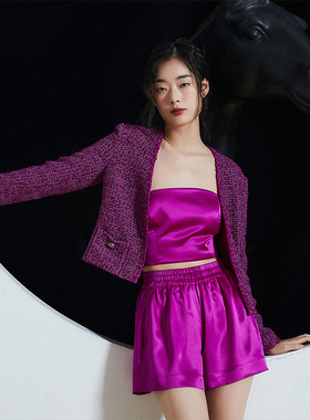 TRACYCHU【现货】时尚休闲设计师小香风短款气质宽松小众亮紫色抹