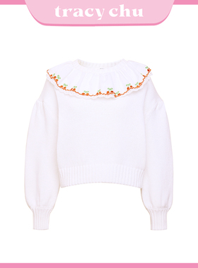 tracychu白色刺绣大荷叶领甜美少女长袖针织衫百搭仙女款冬季新款