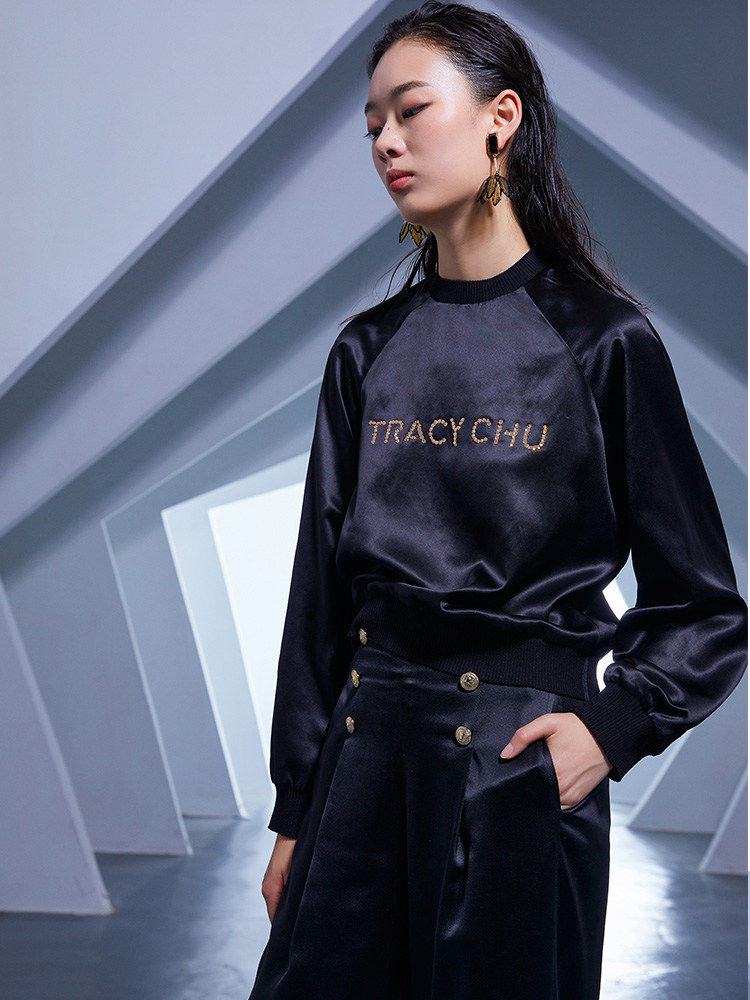 TRACY CHU  黑色亮钻LOGO真丝卫衣