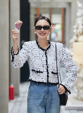 TRACYCHU法国JULES TOURNIER高定限量手工黑白花纱多片剪裁粗花呢