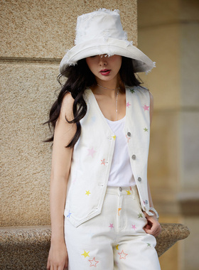 TRACY CHU七色星星牛仔马甲白色V领千金洋气百搭舒适时尚秋冬上新