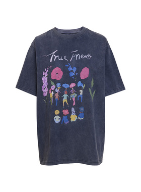 TRACY CHU灰色水洗棉手绘好朋友T恤洋气通勤休闲百搭洋气秋冬新款