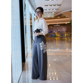 清冷感 浅灰秋季 TRACYCHU 9月必买特惠混羊毛创意手工立体蕾丝西裤