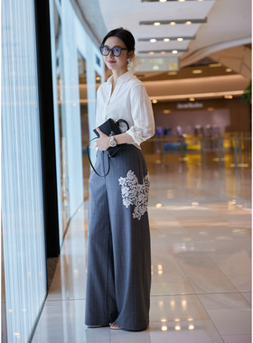 TRACYCHU 9月必买特惠混羊毛创意手工立体蕾丝西裤浅灰秋季清冷感