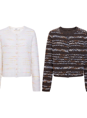 TRACY CHU超细山羊绒蝴蝶彩纱重工开衫米白色/深咖色百搭冬季新款