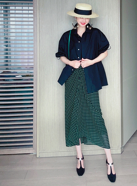 TRACY CHU 夏日特惠绿色波点扭结立裁显瘦半裙