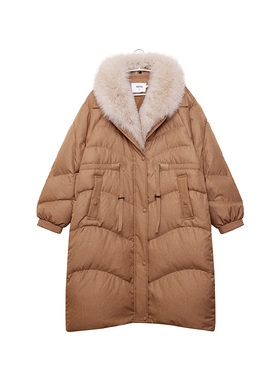 TRACYCHU大狐狸毛领芥茉色长款鹅绒服百搭舒适优雅时尚款冬季新款