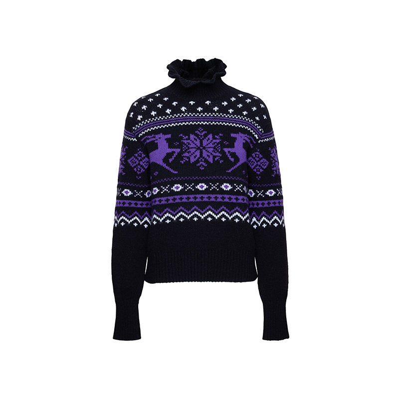 荷叶小立领织花羊毛衫