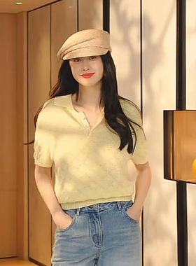 TRACY CHU 炸街风混蚕丝淡芥茉色镂空针织POLO衫百搭时尚少女优雅