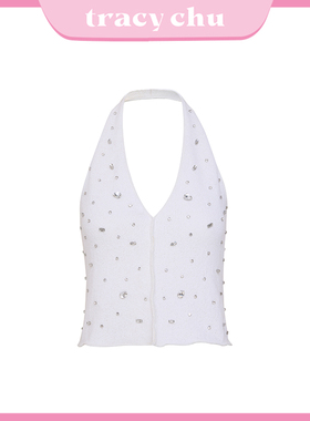 tracychu重工宝石挂脖背心通勤白色无袖时尚休闲百搭气质春季新款