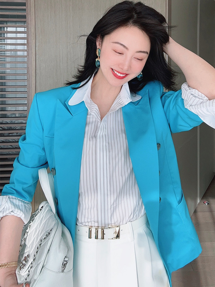 tracy chu 高纱支棉米白拼色条纹经典基础款衬衫