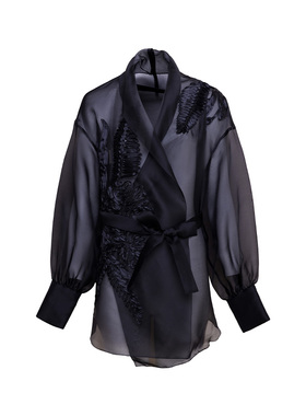 TRACYCHU黑色欧根纱创意薄纱国风新中式重工刺绣衬衫外套秋季新品