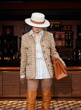 TRACY CHU法国JULES TOURNIER高定限量手工奶茶色粗花呢阔版外套