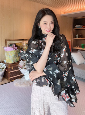 TRACY CHU 黑色蝴蝶花多层真丝飘逸衬衫两件套千金清冷感贵系女装