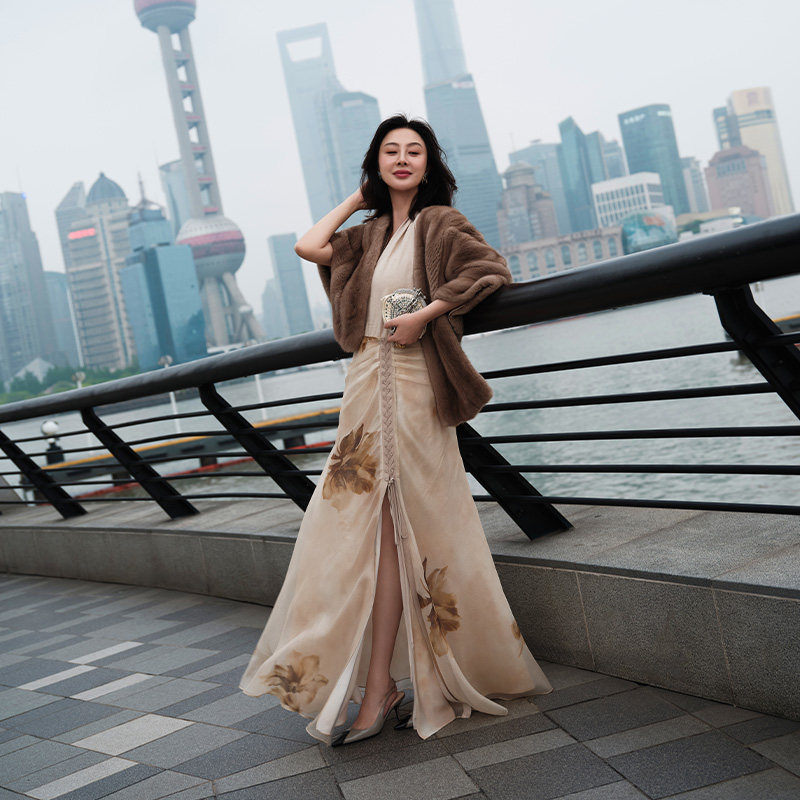 TRACYCHU梦幻柔雾蚕丝奶米色浪漫写意立裁褶皱曼妙长半裙春夏新款