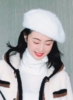 TRACY CHU 白色，蓝色兔毛画家帽