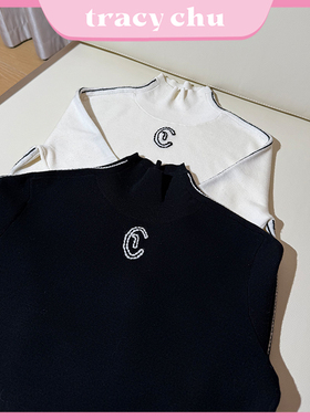 tracy chu黑色，白色LOGO修身百搭针织衫半高领长袖款百搭春季新