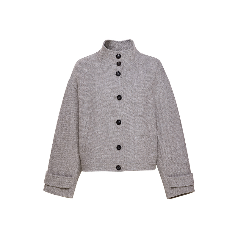 羊毛混羊驼毛极简灰绿色短大衣