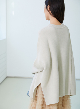 TRACY CHU BABY CASHMERE小山羊绒米灰色大轮廓套头大衣