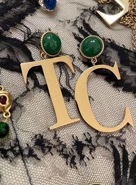 TRACY CHU 高定T&C绿色大琉璃耳夹