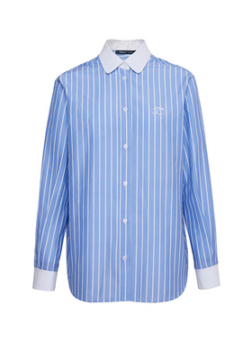 TRACYCHU慵懒清新蓝色条纹时尚经典款拼色衬衫