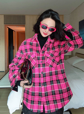 TRACY CHU LP原绒玫粉公山羊绒高克重艺术针织格纹羊绒短大衣