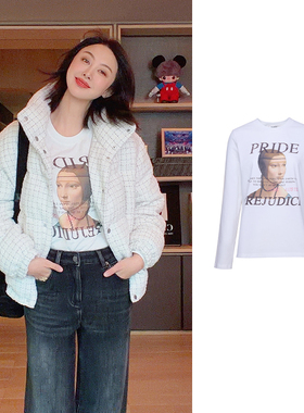 TRACY CHU白色手绘油画长袖基础百搭时尚休闲洋气气质T恤冬季新款