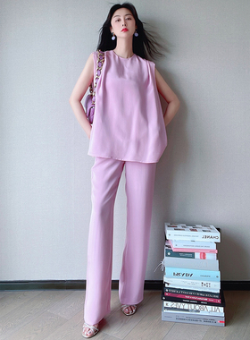 TRACY CHU 粉紫色桑蚕丝夏日长裤