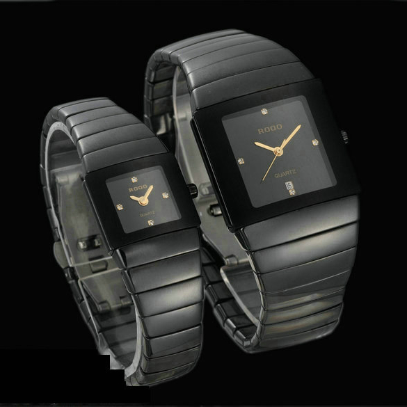 珍珠黑色陶瓷方形优雅情侣对表