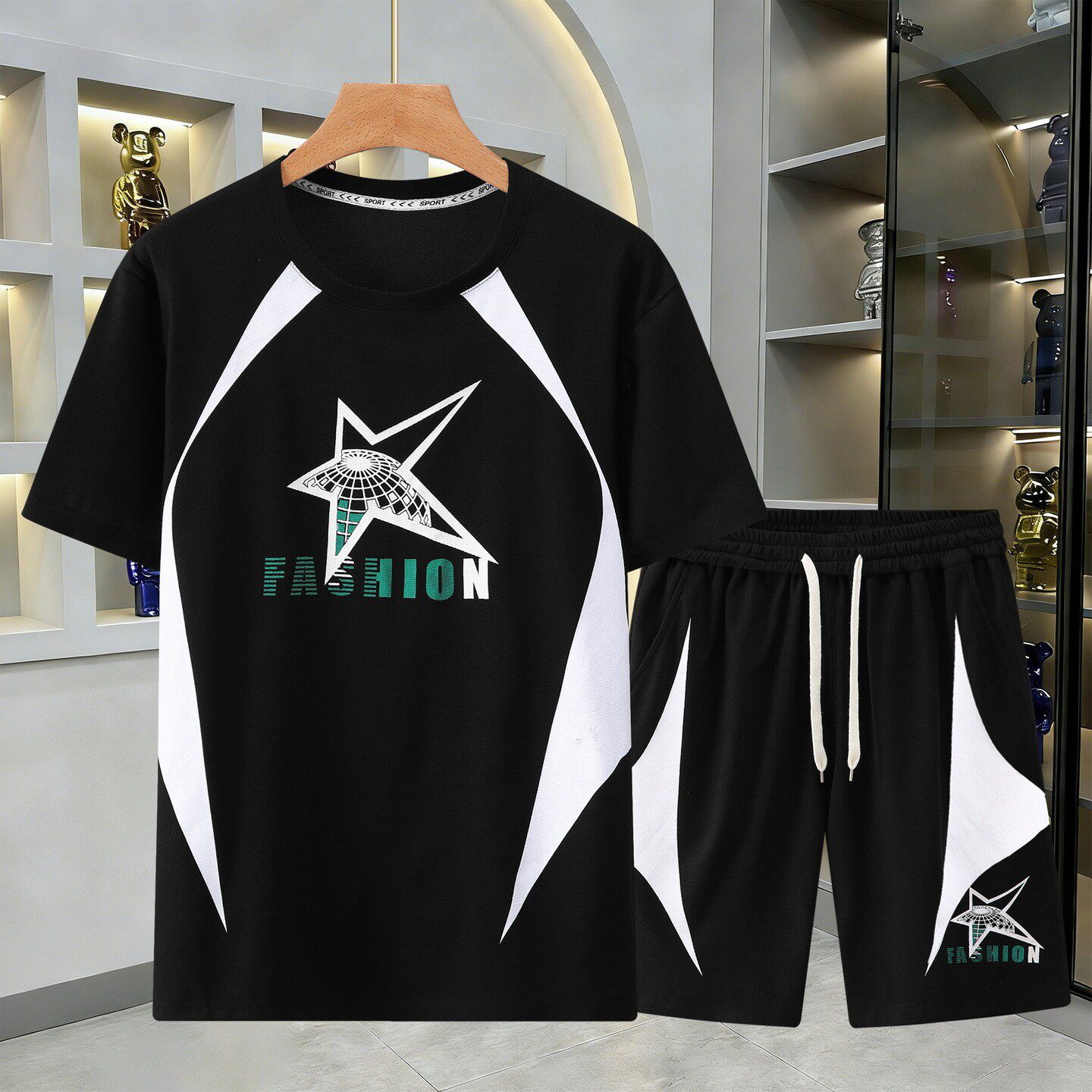 特大码胖哥短袖T恤男士夏季加肥加大号运动宽松半袖短裤套装360斤