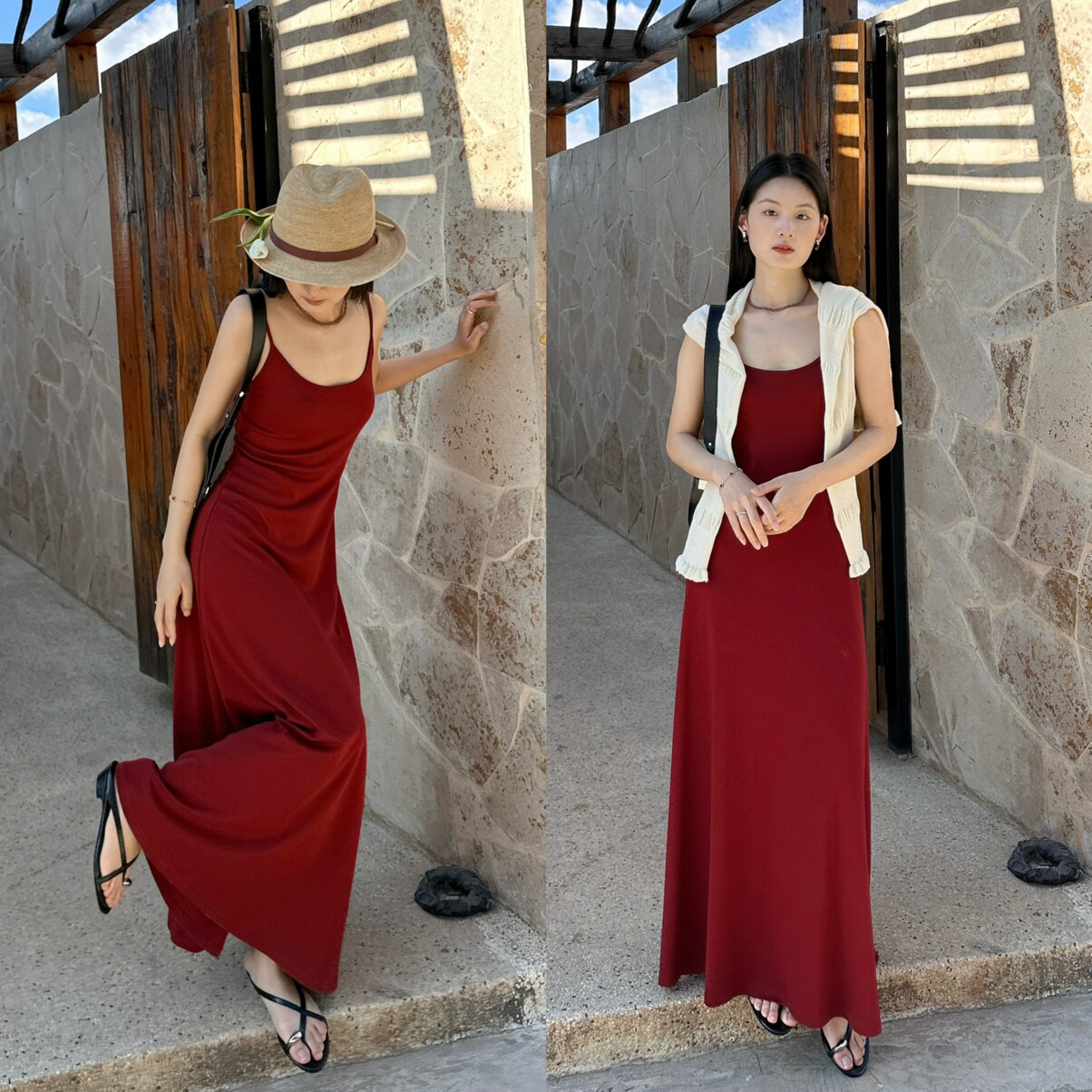 假日风纯色收腰针织吊带长裙女
