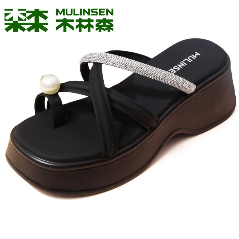 木林森仙女风增高厚底拖鞋女外穿今年夏季水钻珍珠夹趾沙滩凉拖鞋