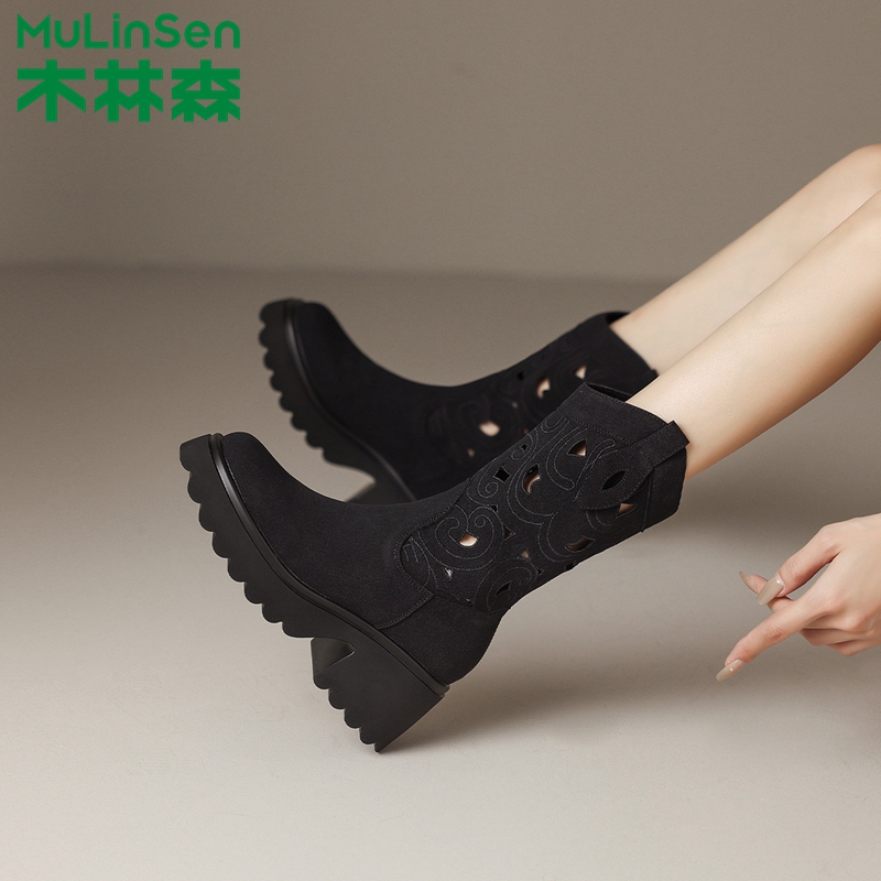 木林森复古中筒靴美拉德厚底气质