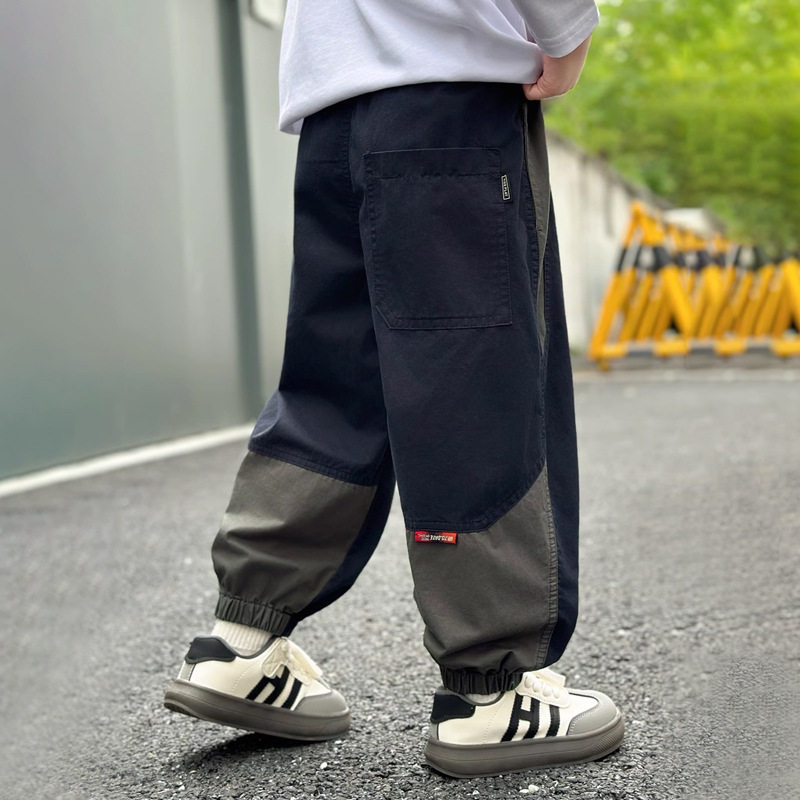 男童工装裤子2025纯棉束脚裤春秋休闲运动长裤中大童拼接哈伦裤潮