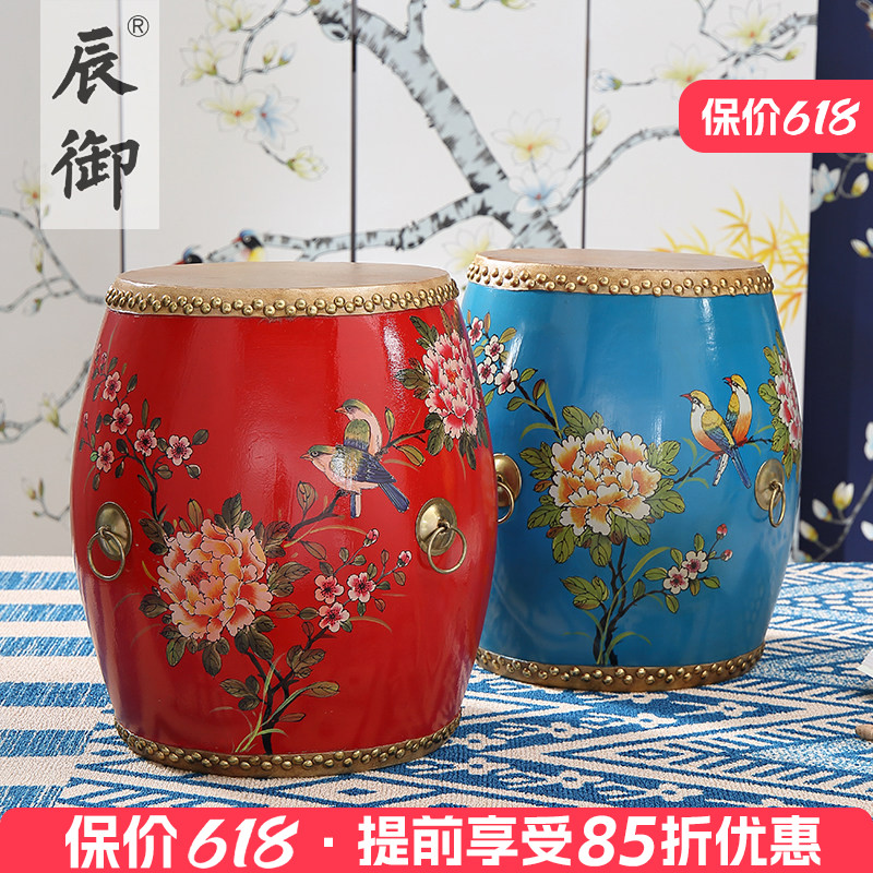 45CM特色鼓凳牛皮实木手绘彩绘新中式换鞋凳圆凳矮凳梳妆鼓墩做旧