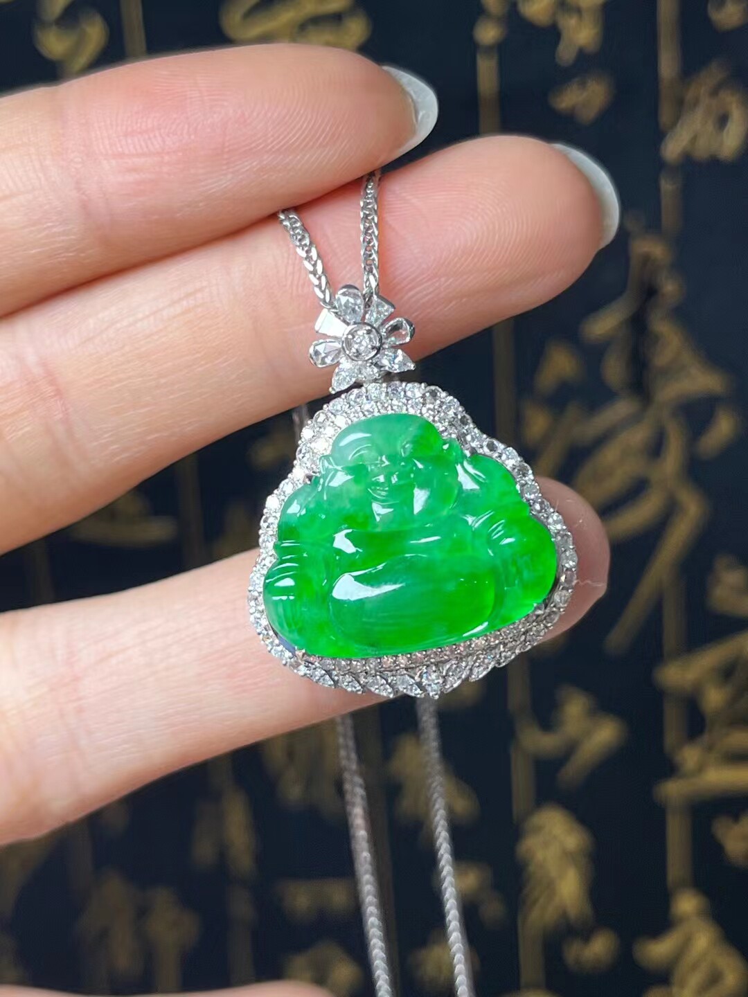 翡翠a满绿18k金钻镶佛公 正品带权威证书6R