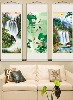 九鱼图丝绸画卷轴画P莲花九鱼荷花图招财纳福宣纸国画卷轴画