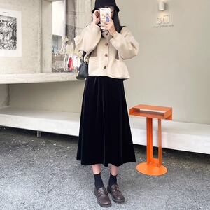 大码金丝绒半身裙女春秋新款胖mm高腰显瘦休闲垂感中长款A字裙子