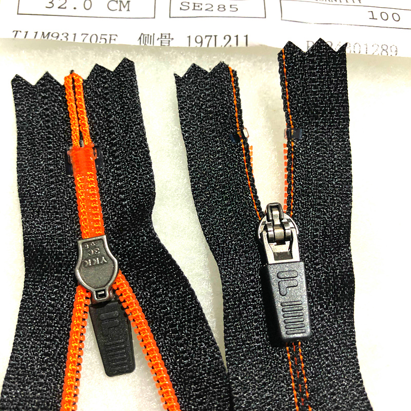 3号黑色橘黄齿反装32隐形YKK闭尾拉锁拉头尼龙拉链